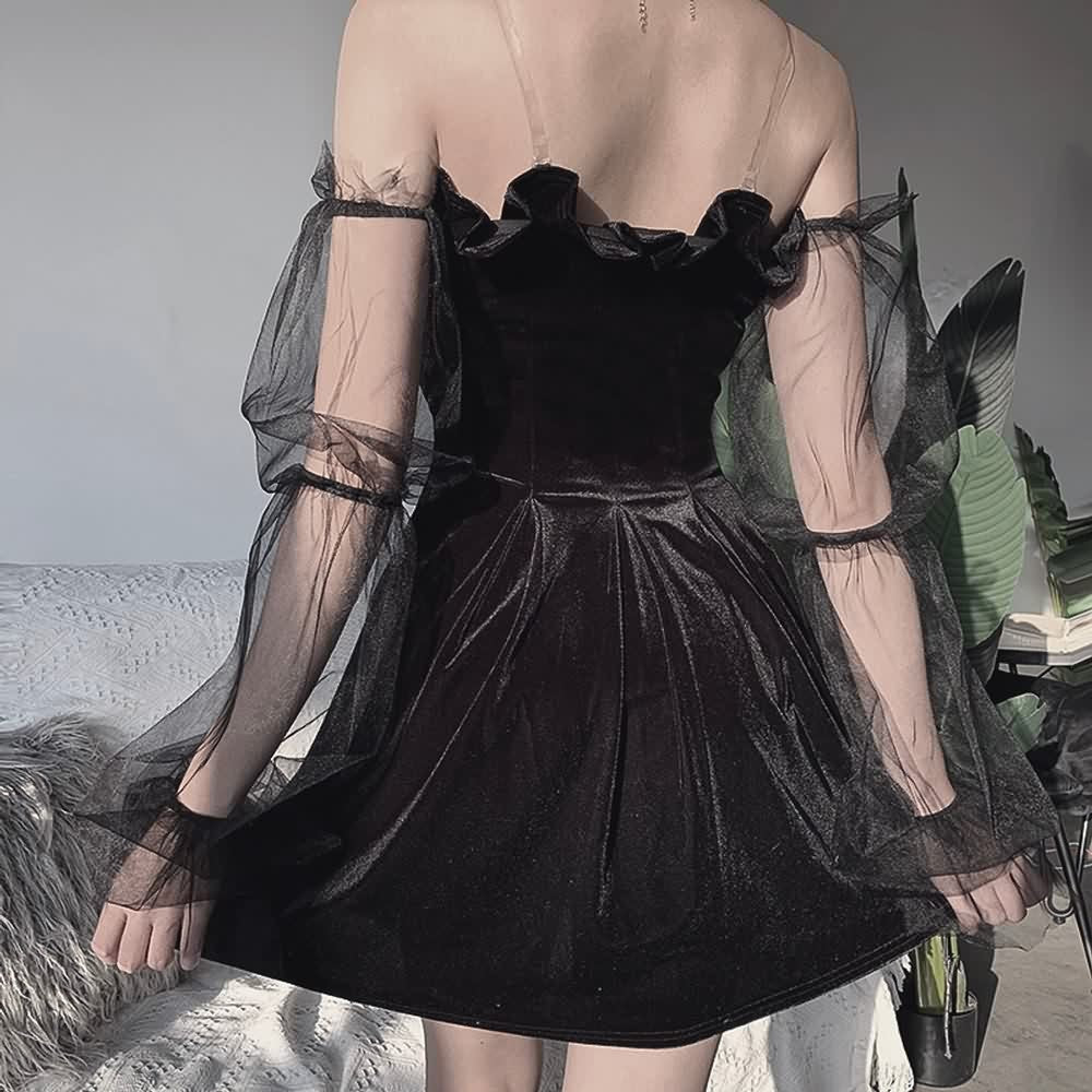 Gothic Mesh Lantern Sleeve Velvet Off Shoulder Dress