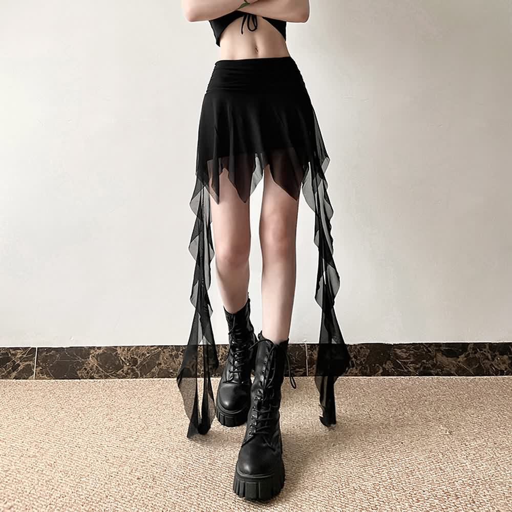 Gothic Mesh Overlay Handkerchief Mini Skirt