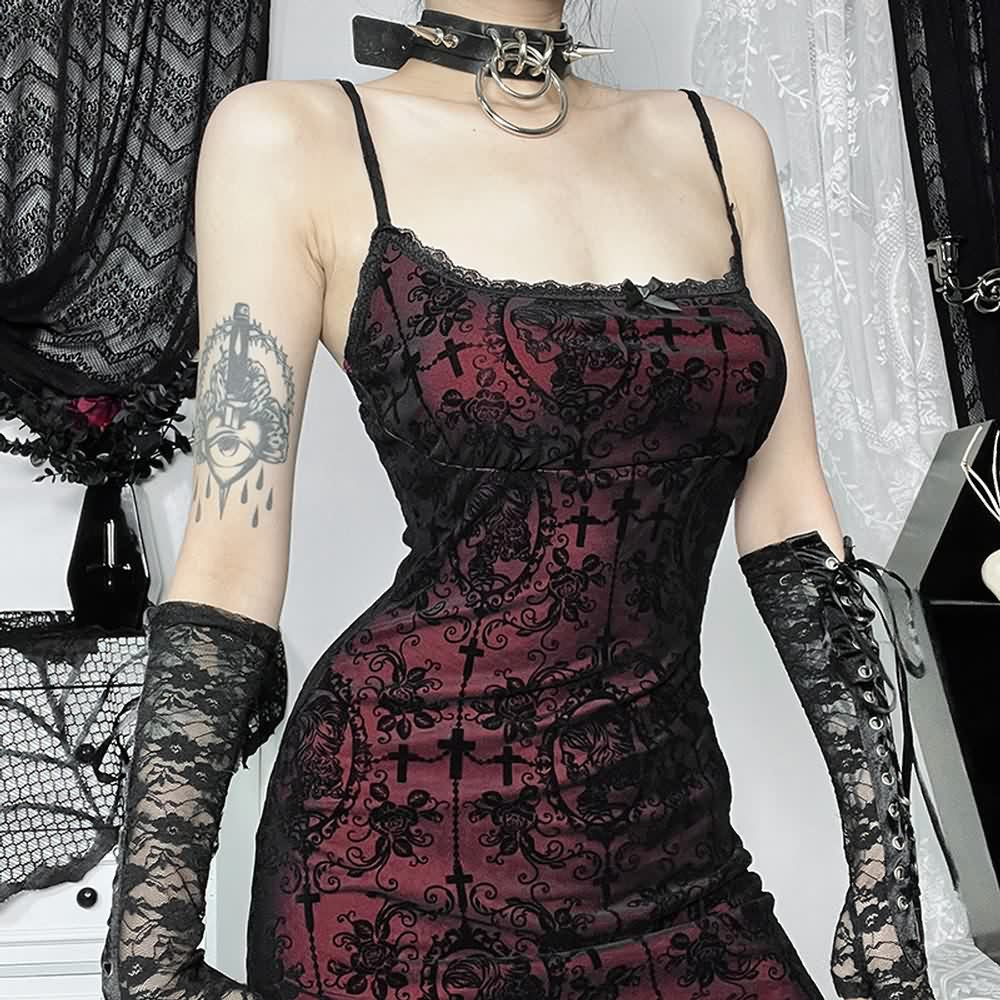 Gothic Mesh Overlay Sleeveless Midi Dress