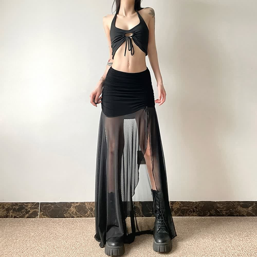 Gothic Mesh Ruched Slit Maxi Skirt