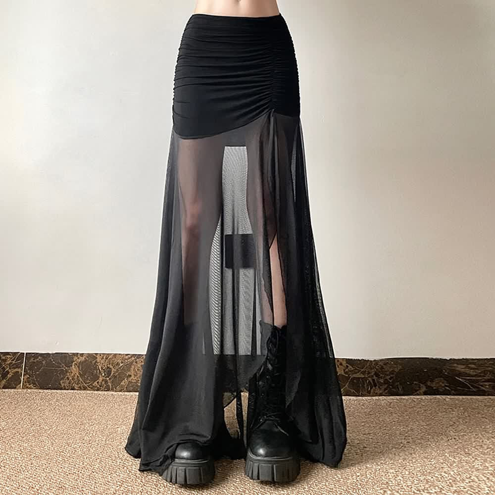 Gothic Mesh Ruched Slit Maxi Skirt