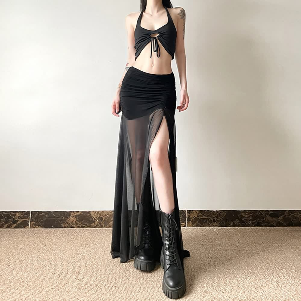 Gothic Mesh Ruched Slit Maxi Skirt