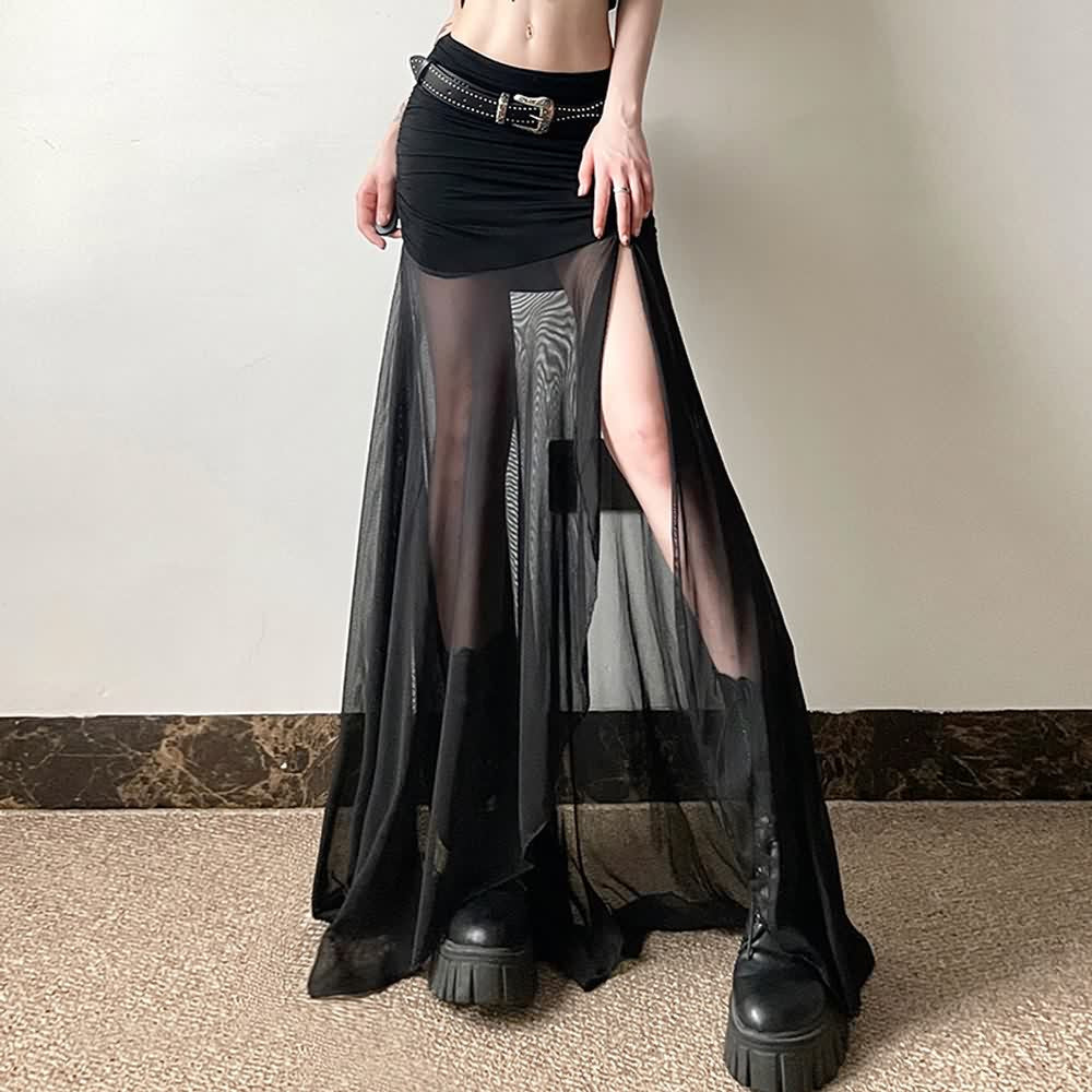 Gothic Mesh Ruched Slit Maxi Skirt