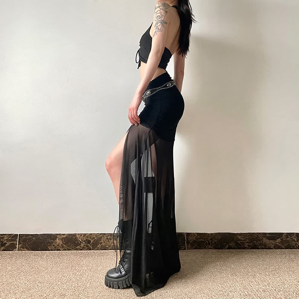 Gothic Mesh Ruched Slit Maxi Skirt