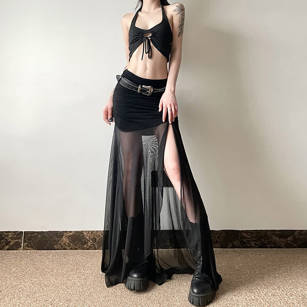 Gothic Mesh Ruched Slit Maxi Skirt