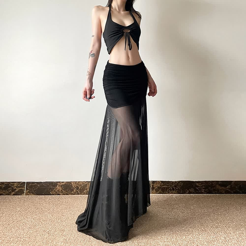 Gothic Mesh Ruched Slit Maxi Skirt