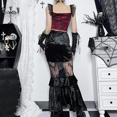 Gothic Mesh Ruched Velvet Mermaid Tiered Maxi Skirt