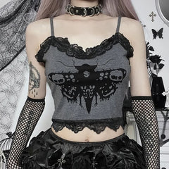 Gothic Moth Skull Lace Trim Crop Top