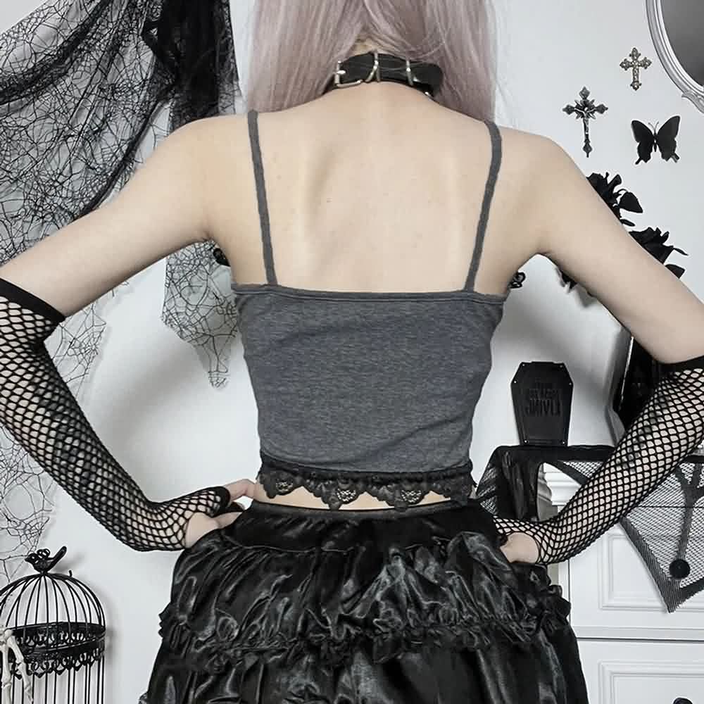 Gothic Moth Skull Lace Trim Crop Top