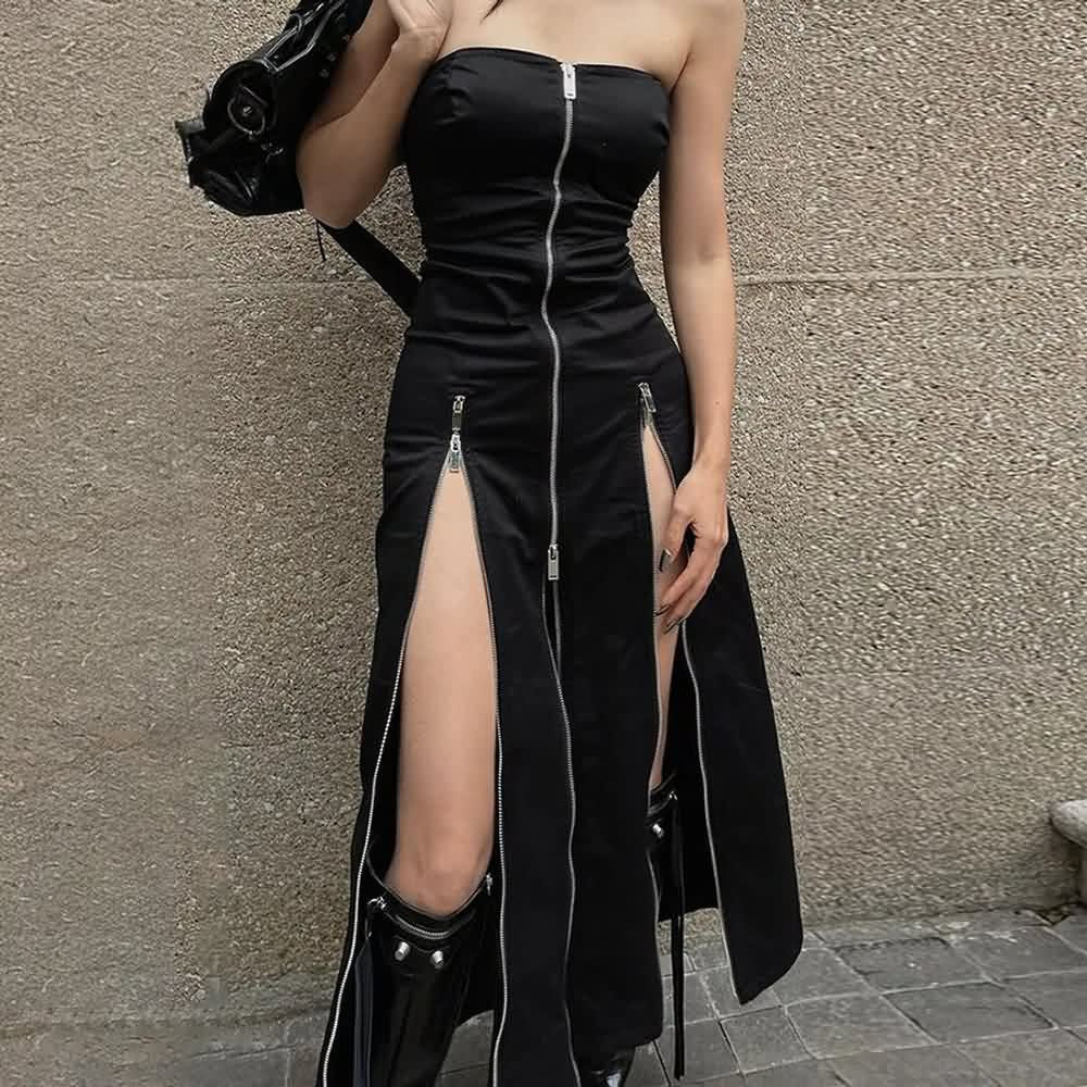 Gothic-Midikleid mit schulterfreiem Reißverschluss und Schlitz vorne