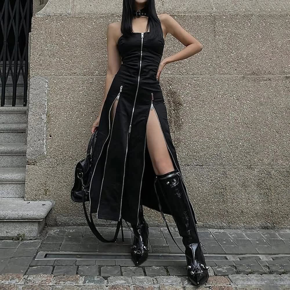 Gothic-Midikleid mit schulterfreiem Reißverschluss und Schlitz vorne