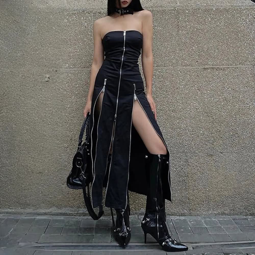 Gothic-Midikleid mit schulterfreiem Reißverschluss und Schlitz vorne