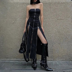 Gothic-Midikleid mit schulterfreiem Reißverschluss und Schlitz vorne