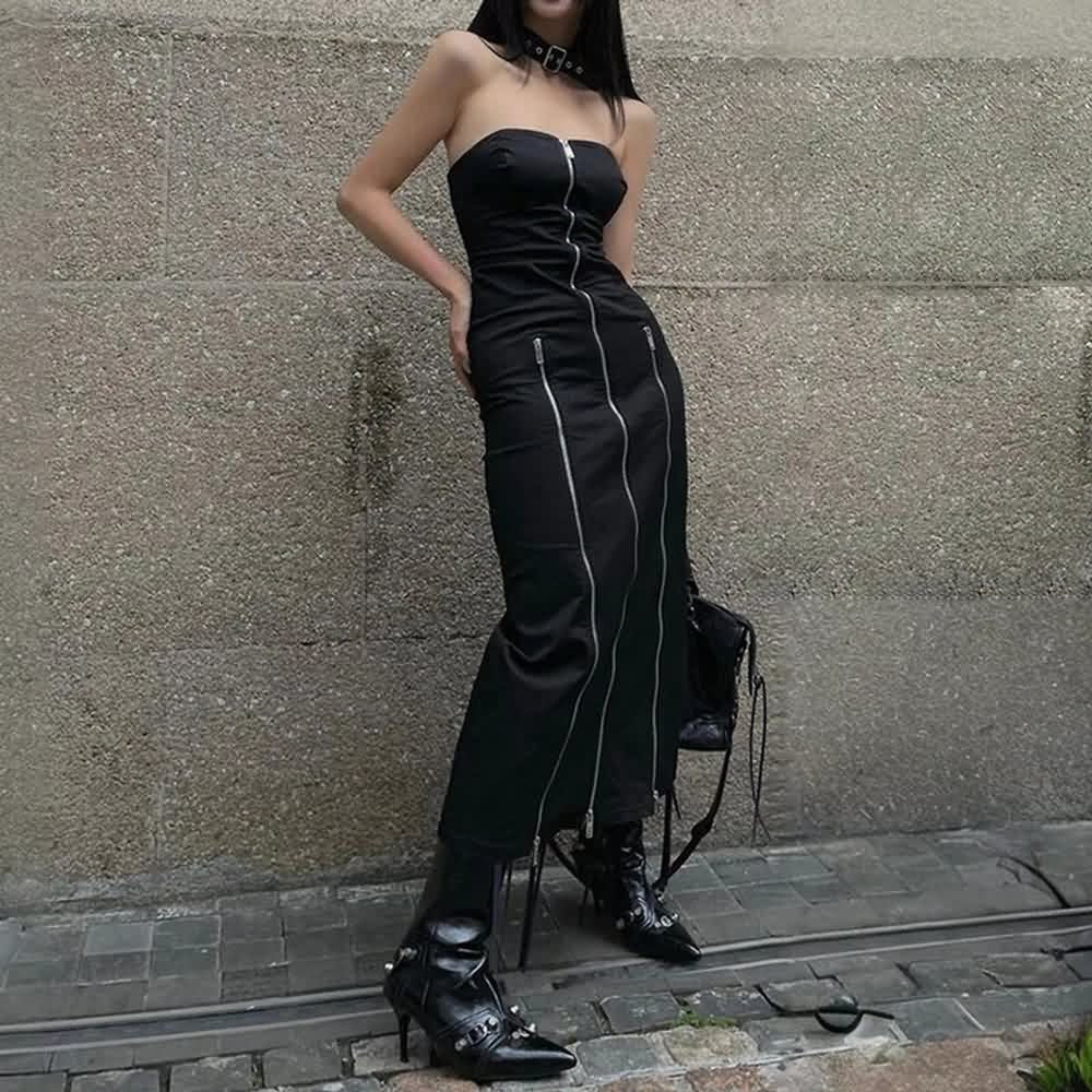 Gothic-Midikleid mit schulterfreiem Reißverschluss und Schlitz vorne