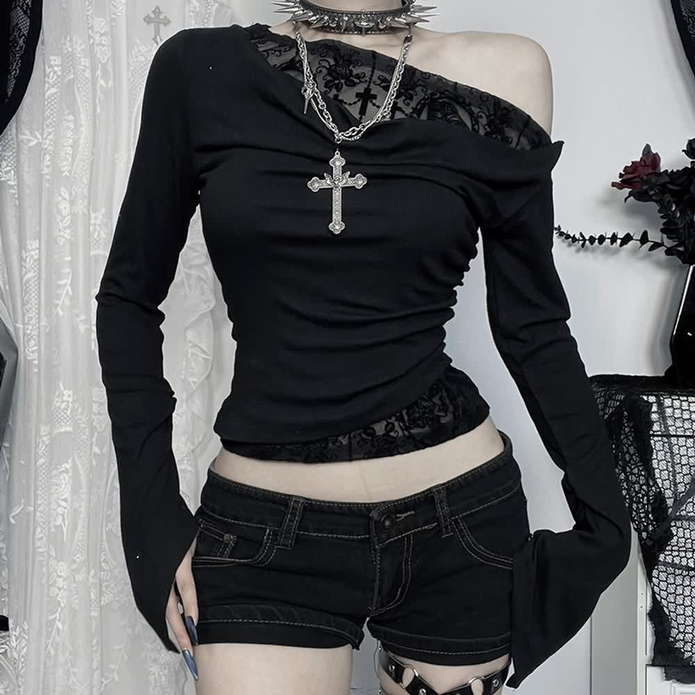 Gothic One Shoulder Long Sleeve Crop top