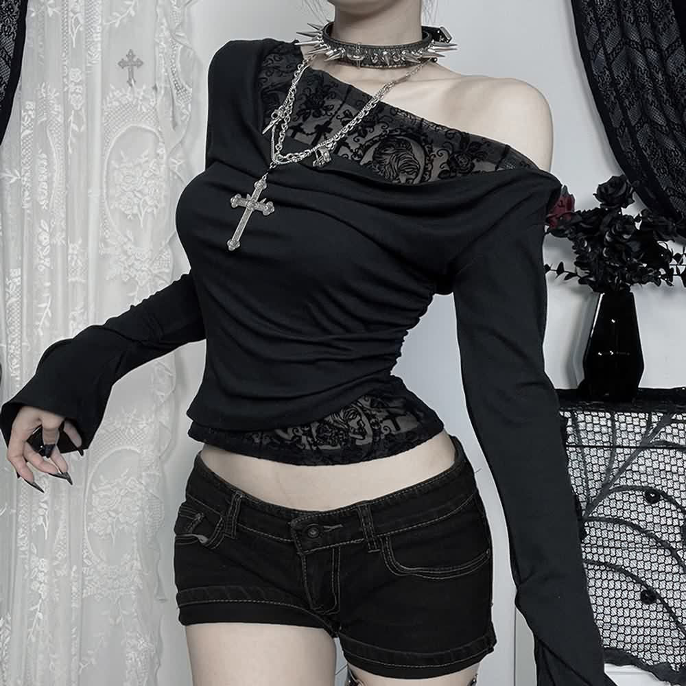 Gothic One Shoulder Long Sleeve Crop top