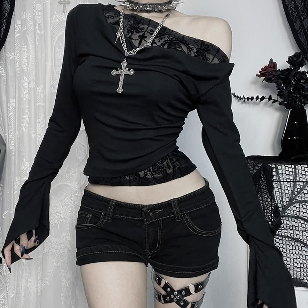 Gothic One Shoulder Long Sleeve Crop top