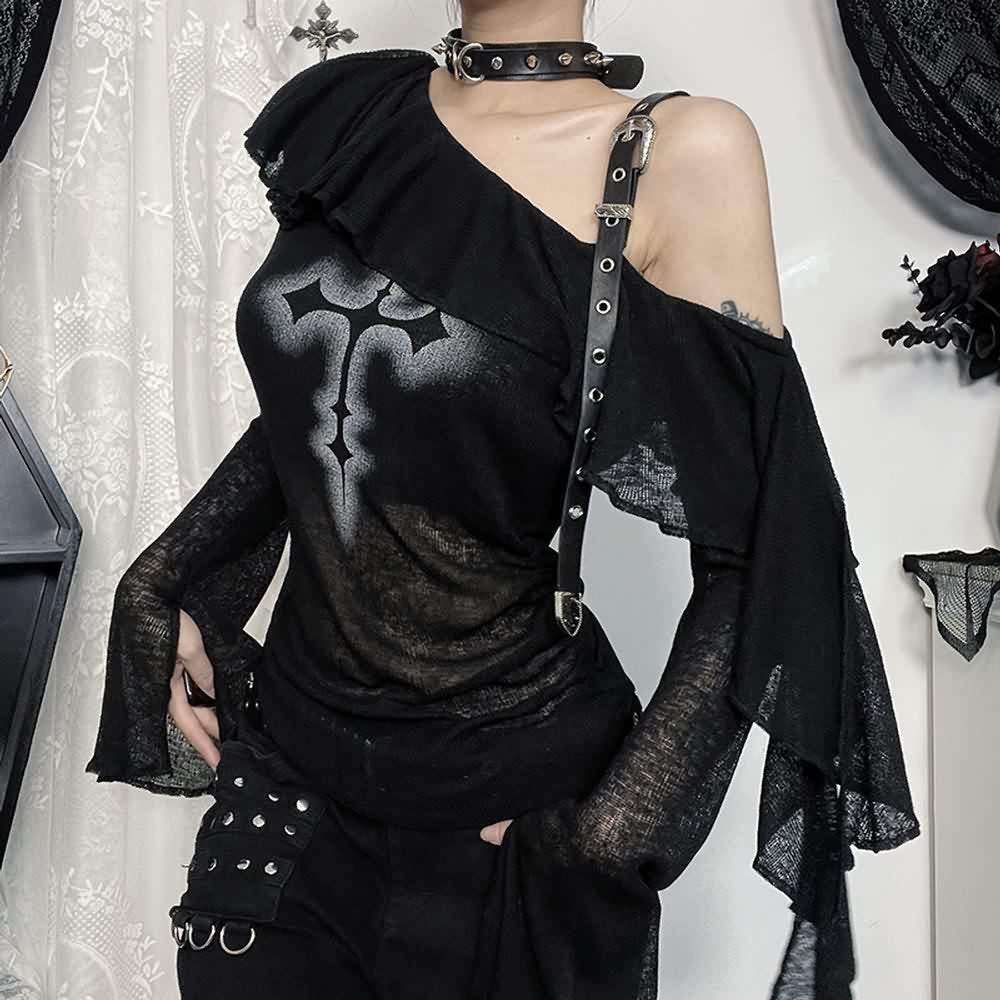 Gothic Bardot-Oberteil mit offenen Schultern und langen Ärmeln