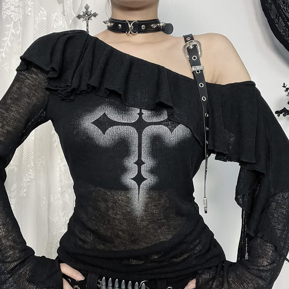 Gothic Bardot-Oberteil mit offenen Schultern und langen Ärmeln