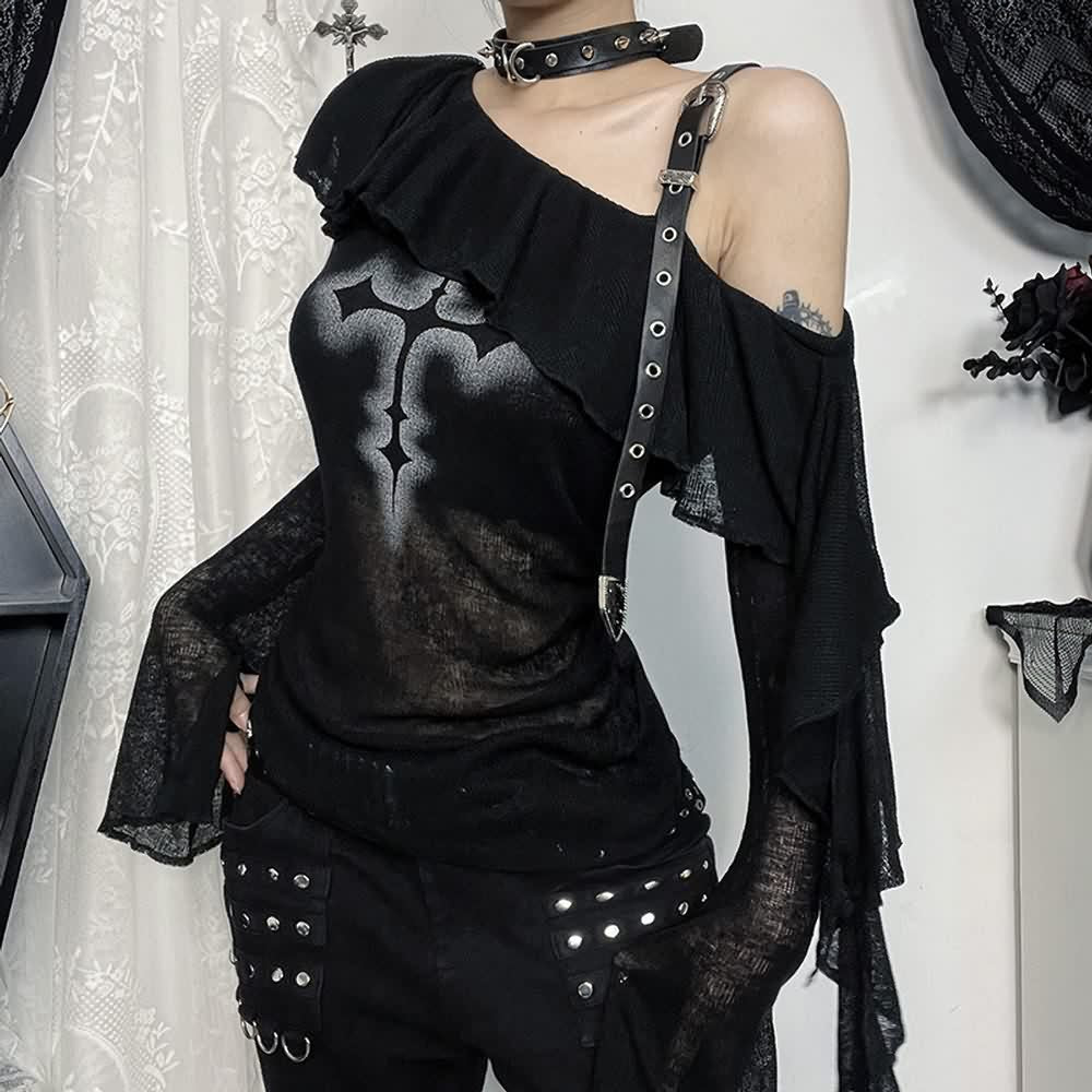 Gothic Bardot-Oberteil mit offenen Schultern und langen Ärmeln