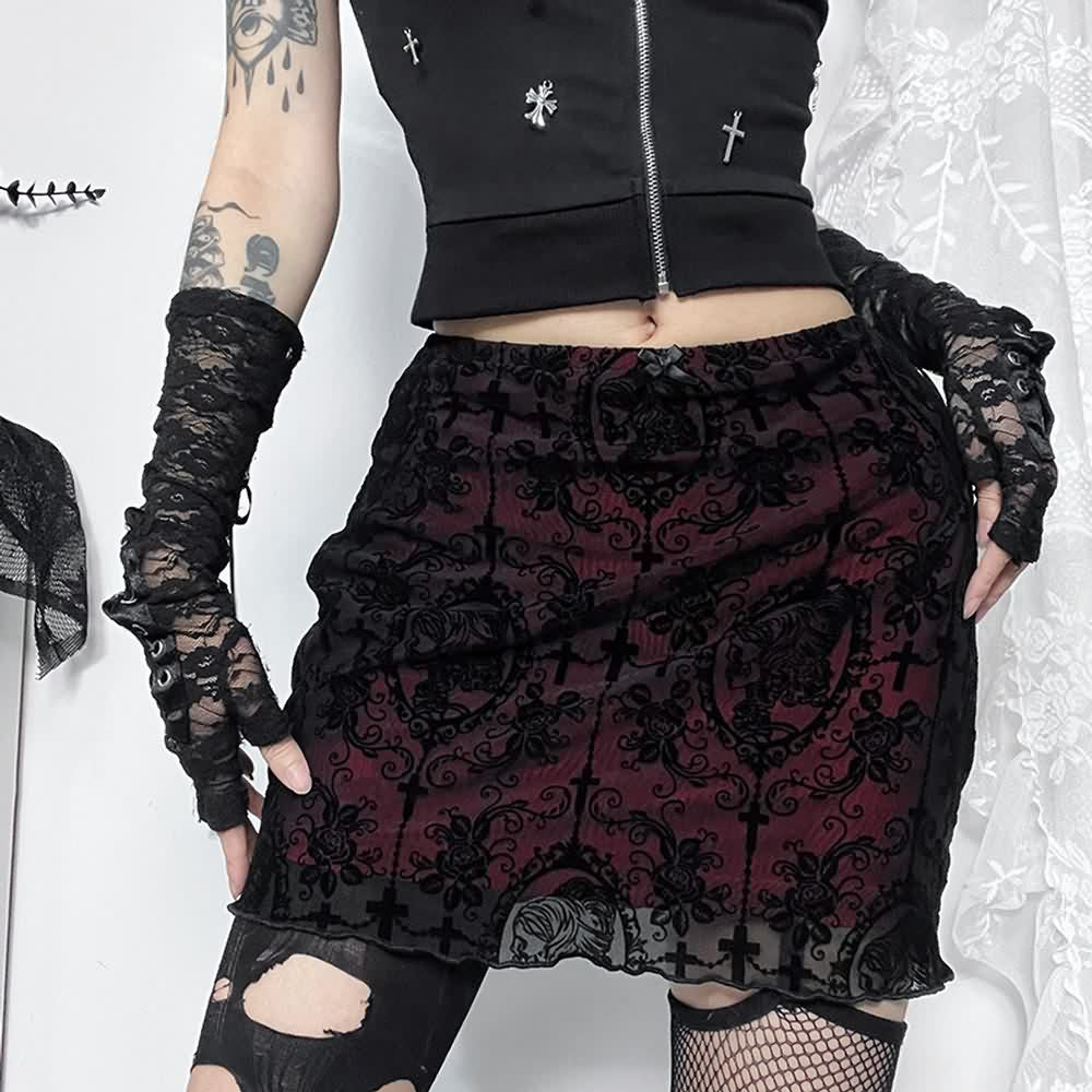 Gothic Pattern Mesh Overlay Mini Skirt