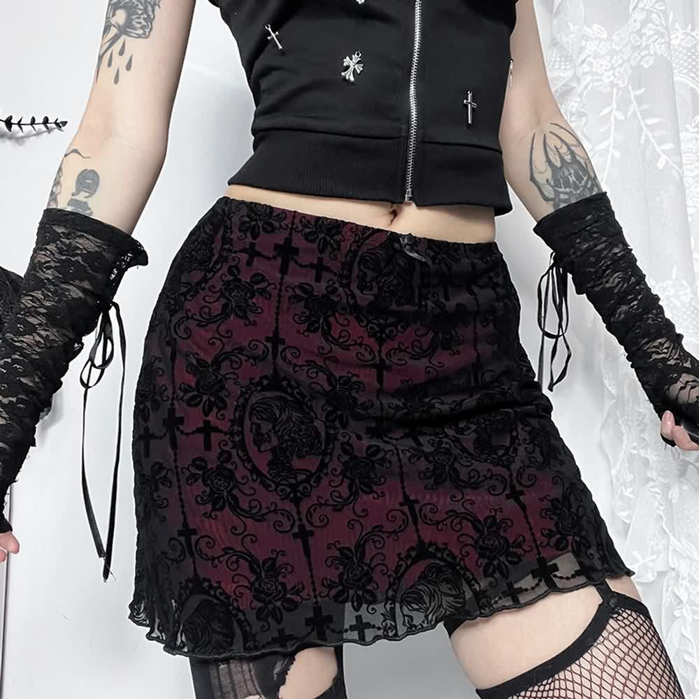 Gothic Pattern Mesh Overlay Mini Skirt