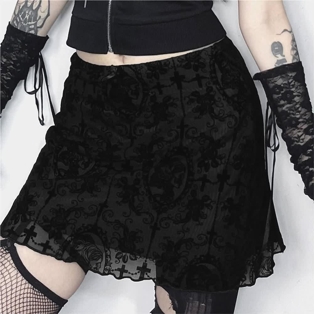 Gothic Pattern Mesh Overlay Mini Skirt