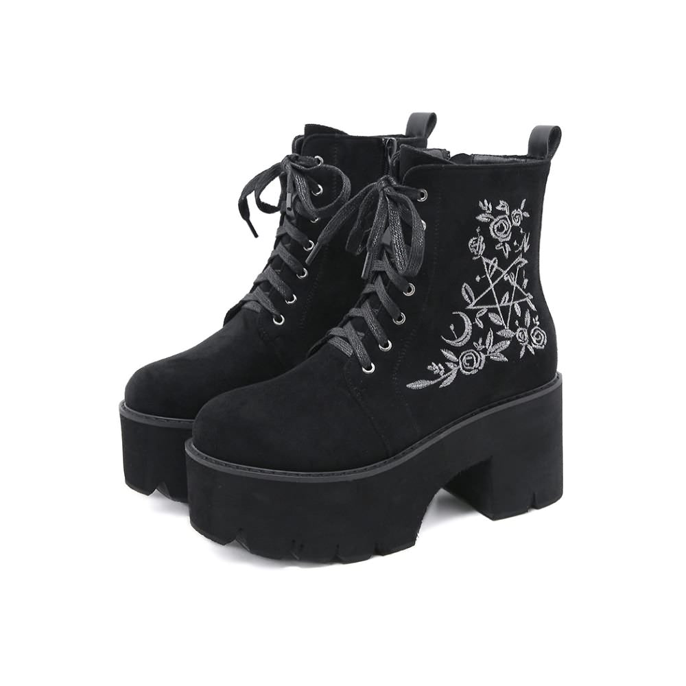 Gothic Pentagram Rose Platform Boots