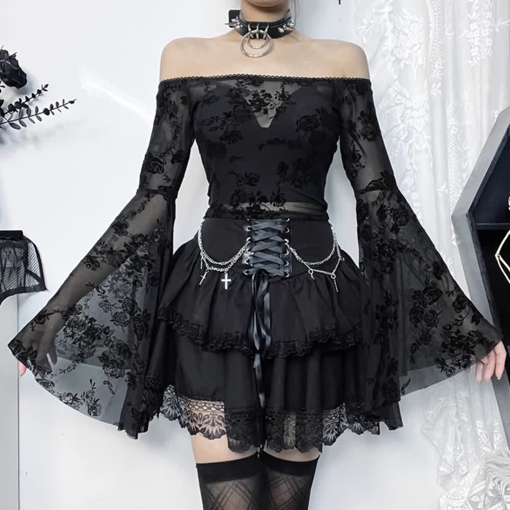 Gothic Punk Chain Lace Tiered Mini Skirt