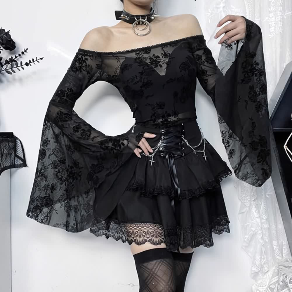 Gothic Punk Chain Lace Tiered Mini Skirt