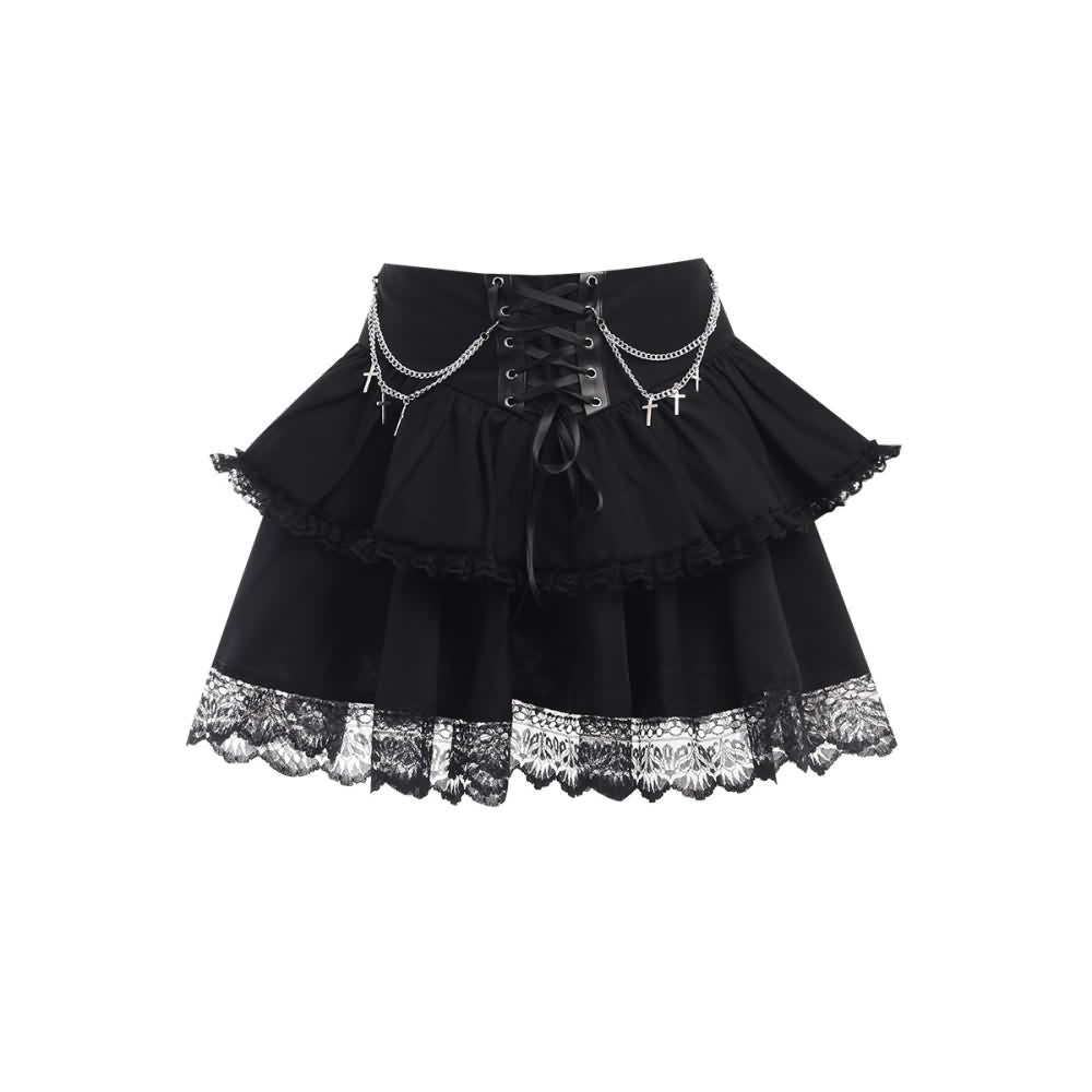 Gothic Punk Chain Lace Tiered Mini Skirt