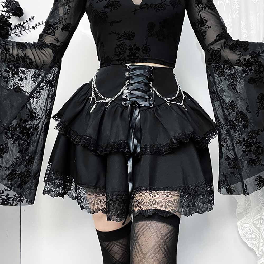 Gothic Punk Chain Lace Tiered Mini Skirt