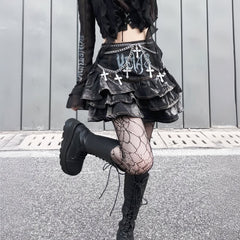 Gothic Punk Denim Tiered Mini Skirt