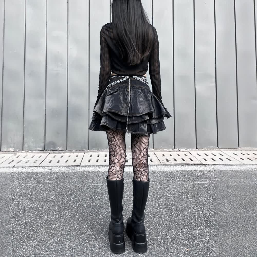 Gothic Punk Denim Tiered Mini Skirt