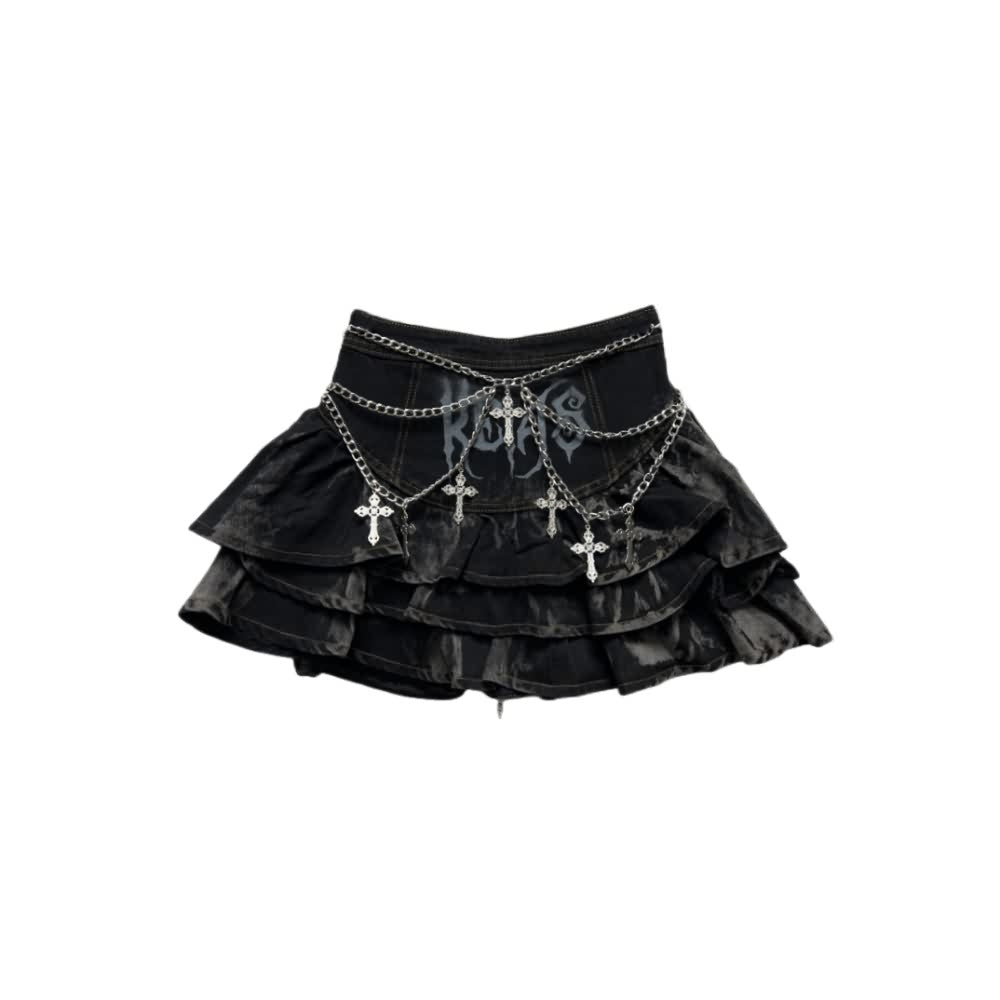 Gothic Punk Denim Tiered Mini Skirt