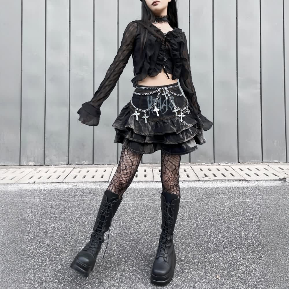 Gothic Punk Denim Tiered Mini Skirt