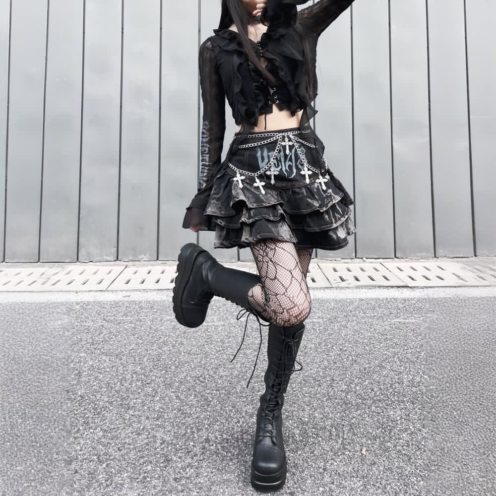 Gothic Punk Denim Tiered Mini Skirt