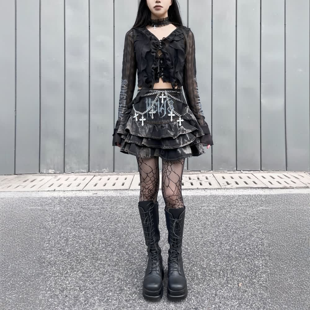 Gothic Punk Denim Tiered Mini Skirt