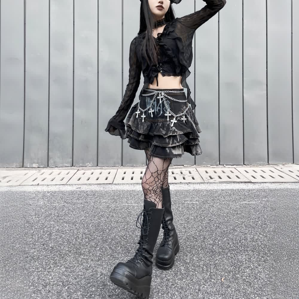 Gothic Punk Denim Tiered Mini Skirt