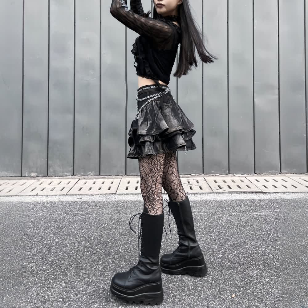 Gothic Punk Denim Tiered Mini Skirt