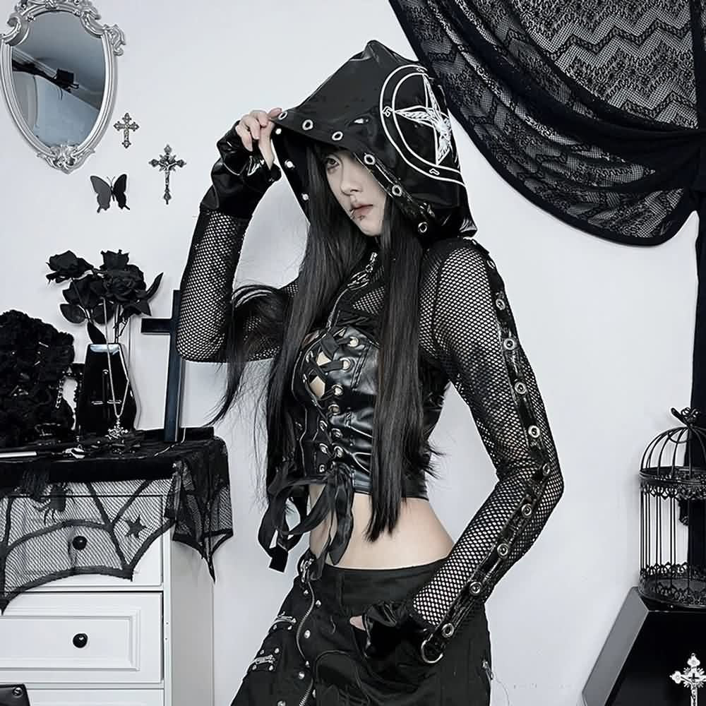 Gothic Punk Devil Pentagram Cropped Mesh Leather Hoodie