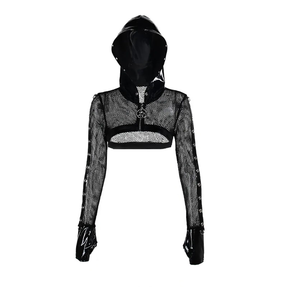 Gothic Punk Devil Pentagram Cropped Mesh Leather Hoodie