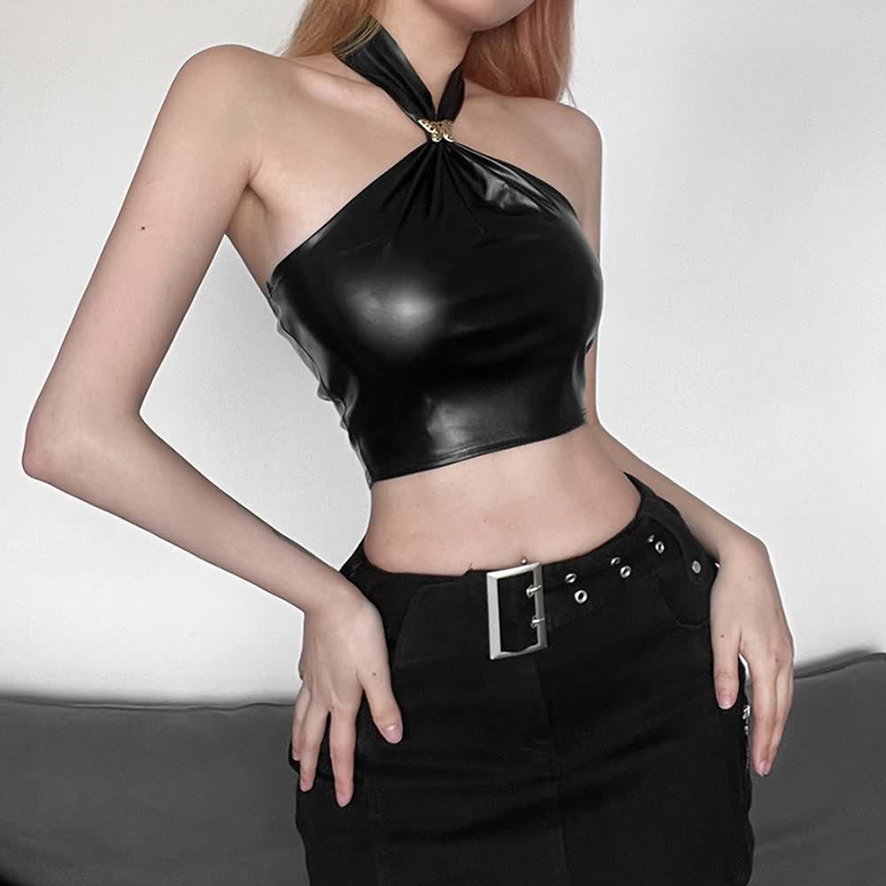 Gothic Punk Faux Leather Halter Crop Top