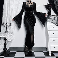 Gothic Punk Maxikleid mit ausgestellten Ärmeln und Schlitz