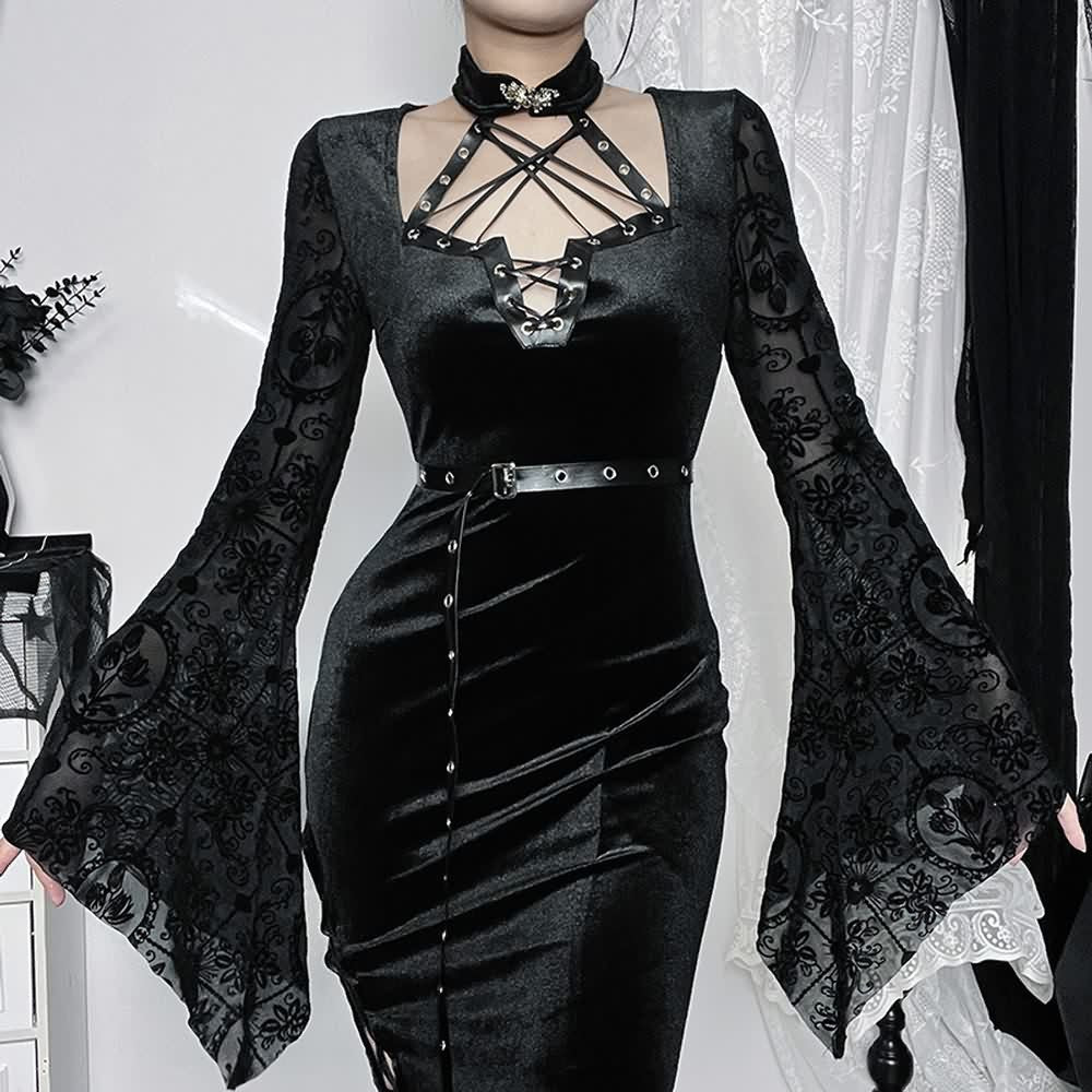 Gothic Punk Maxikleid mit ausgestellten Ärmeln und Schlitz
