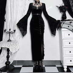 Gothic Punk Maxikleid mit ausgestellten Ärmeln und Schlitz