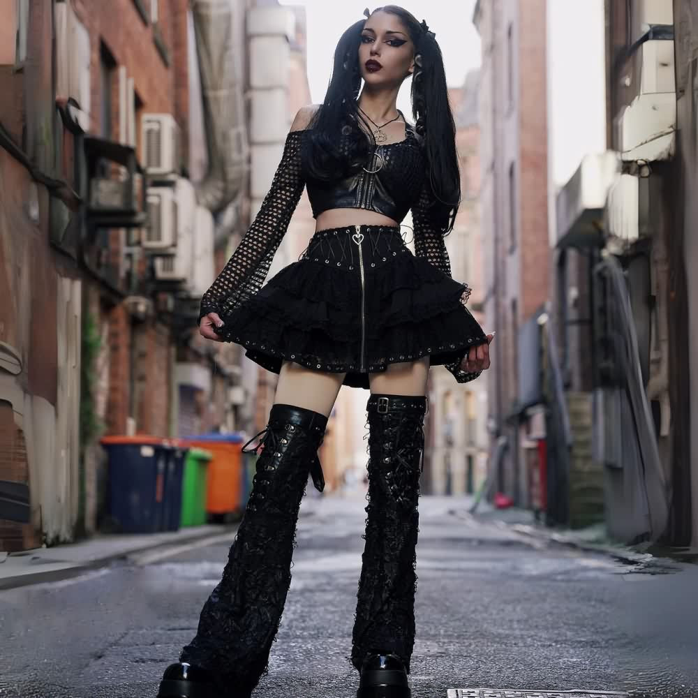 Gothic Punk Lace Mesh Ruffle Tiered Skirt