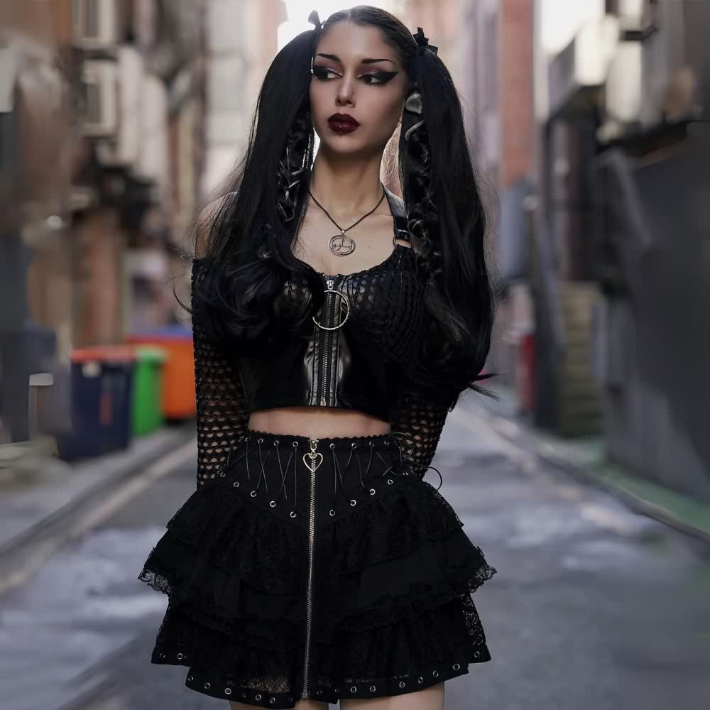 Gothic Punk Lace Mesh Ruffle Tiered Skirt