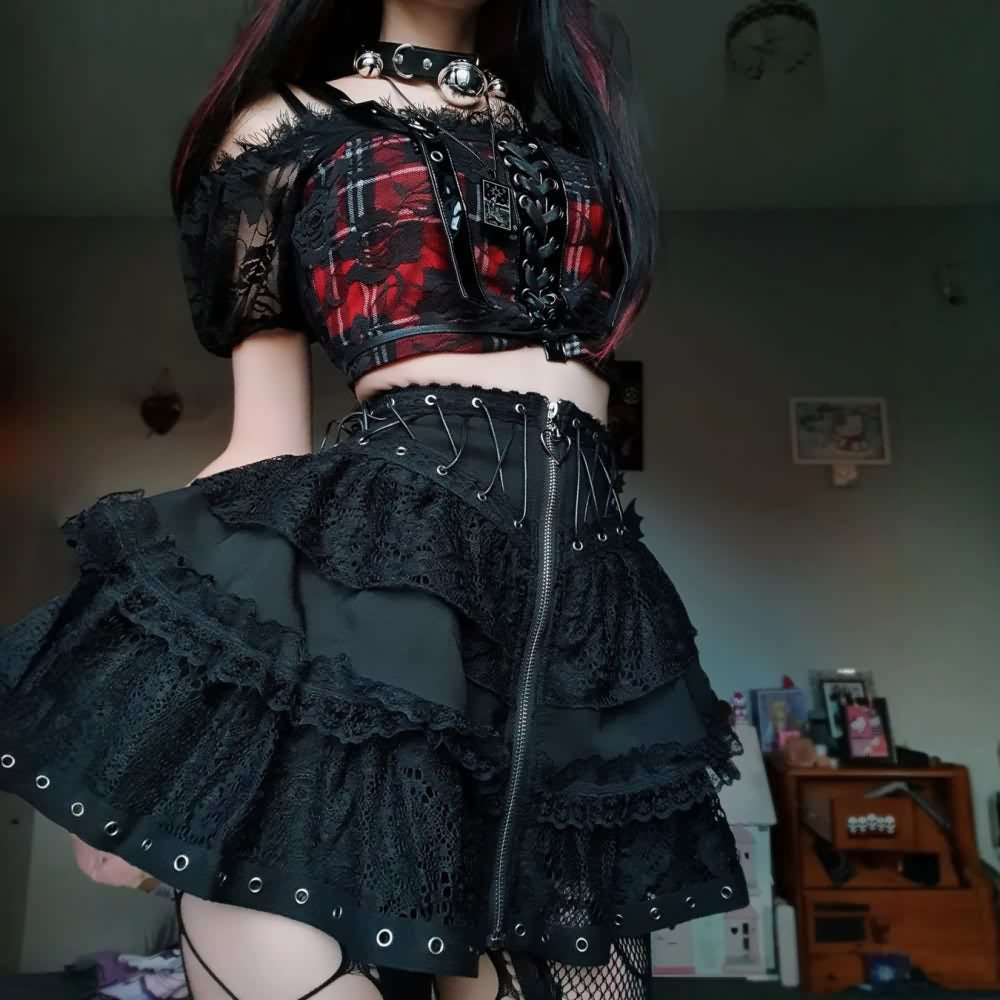 Gothic Punk Lace Mesh Ruffle Tiered Skirt