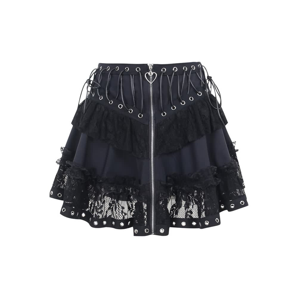 Gothic Punk Lace Mesh Ruffle Tiered Skirt